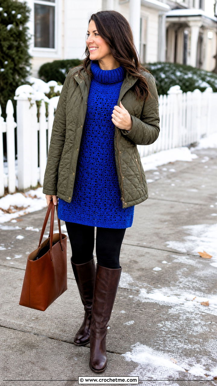Tunic Crochet Winter Dress With Leggings And Riding Boots - 35 crochet winter dress outfit ideas
