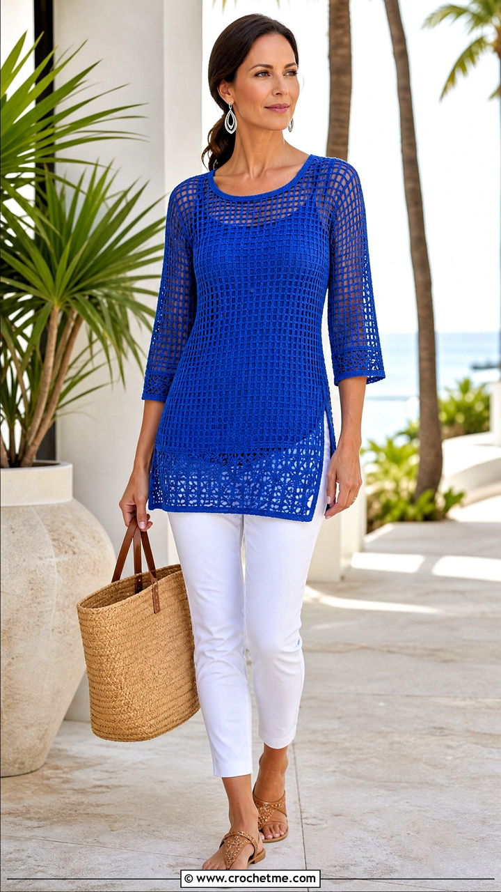 Tunic Filet Crochet Top With Slim Ankle Pants - 35 fillet crochet top outfit ideas