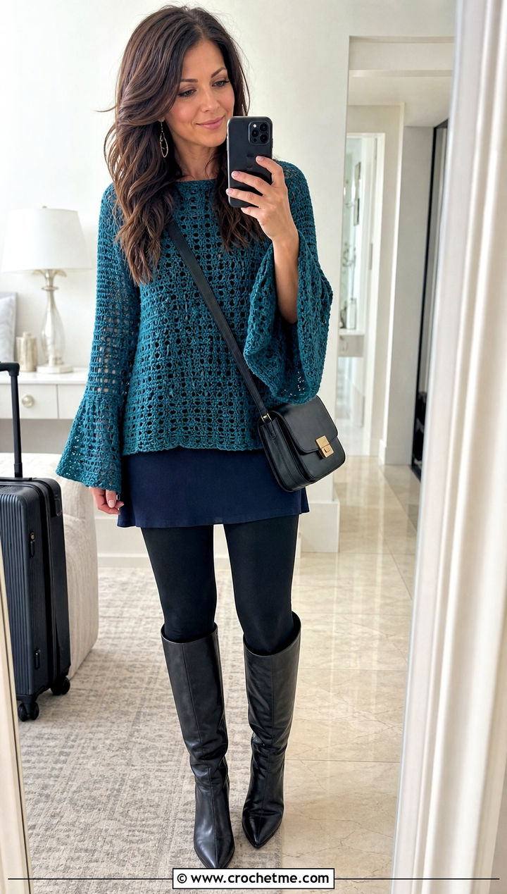 Tunic Flare Sleeve Crochet Top With Leggings - 20 Crochet Top With Flare Sleeves outfit ideas