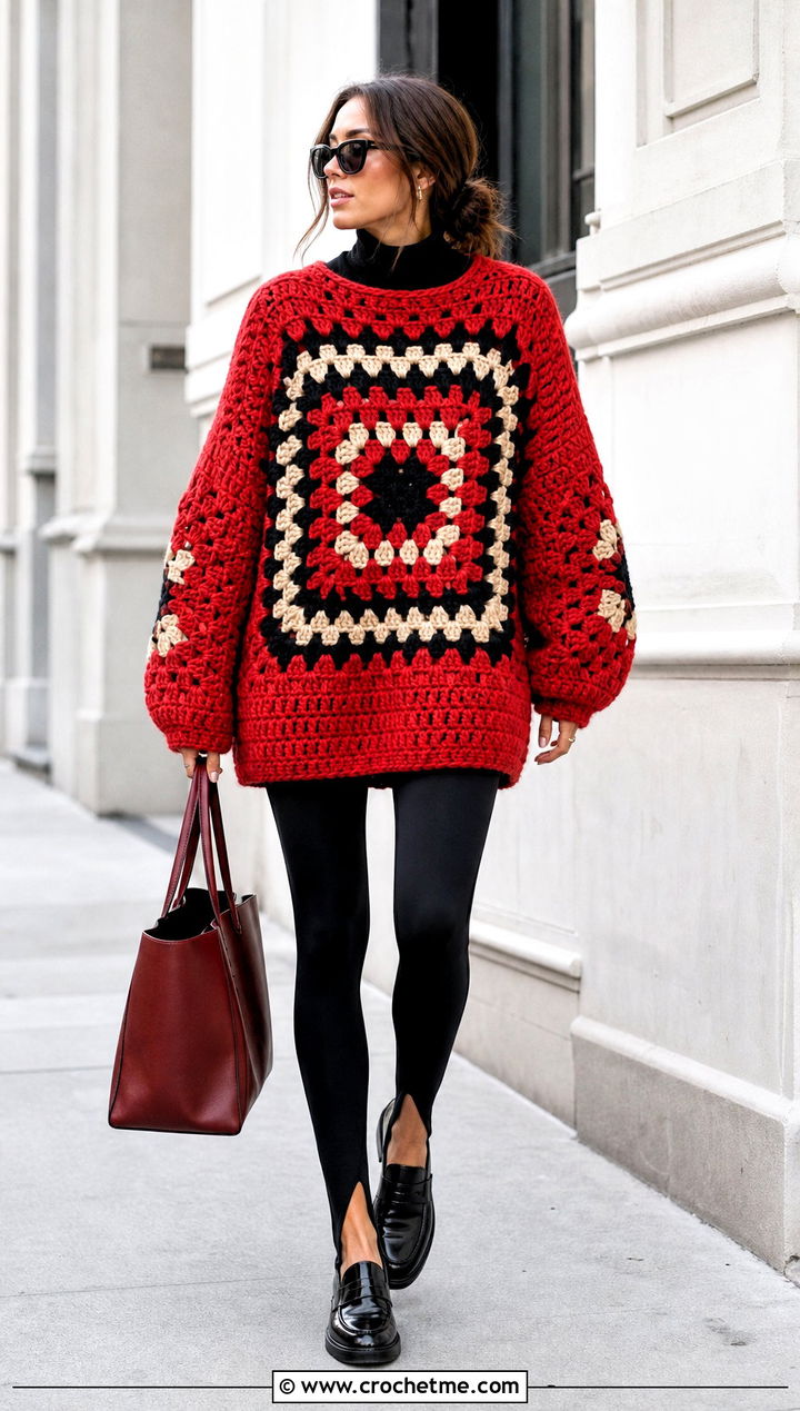 Tunic Giant Granny Square Sweater With Stirrup Leggings - 30 giant granny square sweater outfit ideas