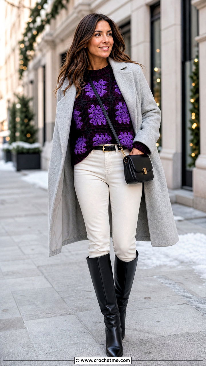 Tunic Granny Square Jumper With Slim Jeans And Knee High Boots - 35 crochet granny square jumper outfit ideas