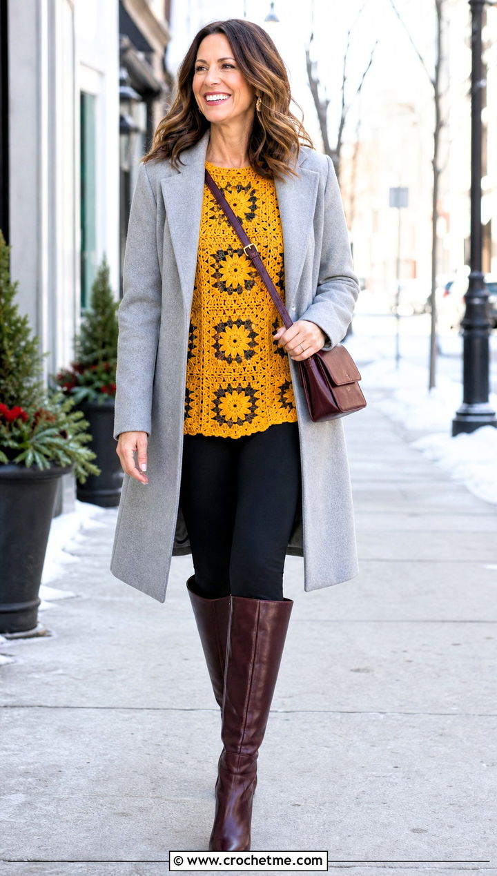 Tunic Granny Square Long Sleeve Top With Leggings And Boots - 20 Granny Square Long Sleeve Top outfit ideas