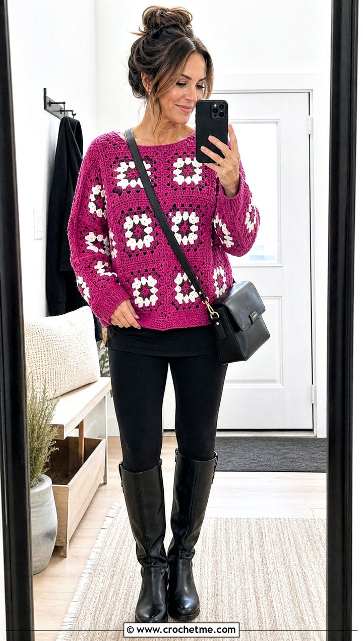 Tunic Granny Square Pullover Sweater With Leggings - 25 crochet granny square pullover sweater outfit ideas