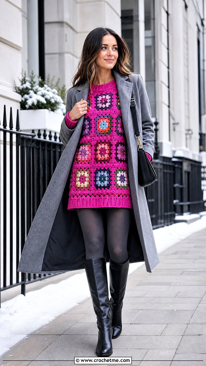 Tunic Granny Square Pullover With Knee High Boots - 35 granny square pullover outfit ideas