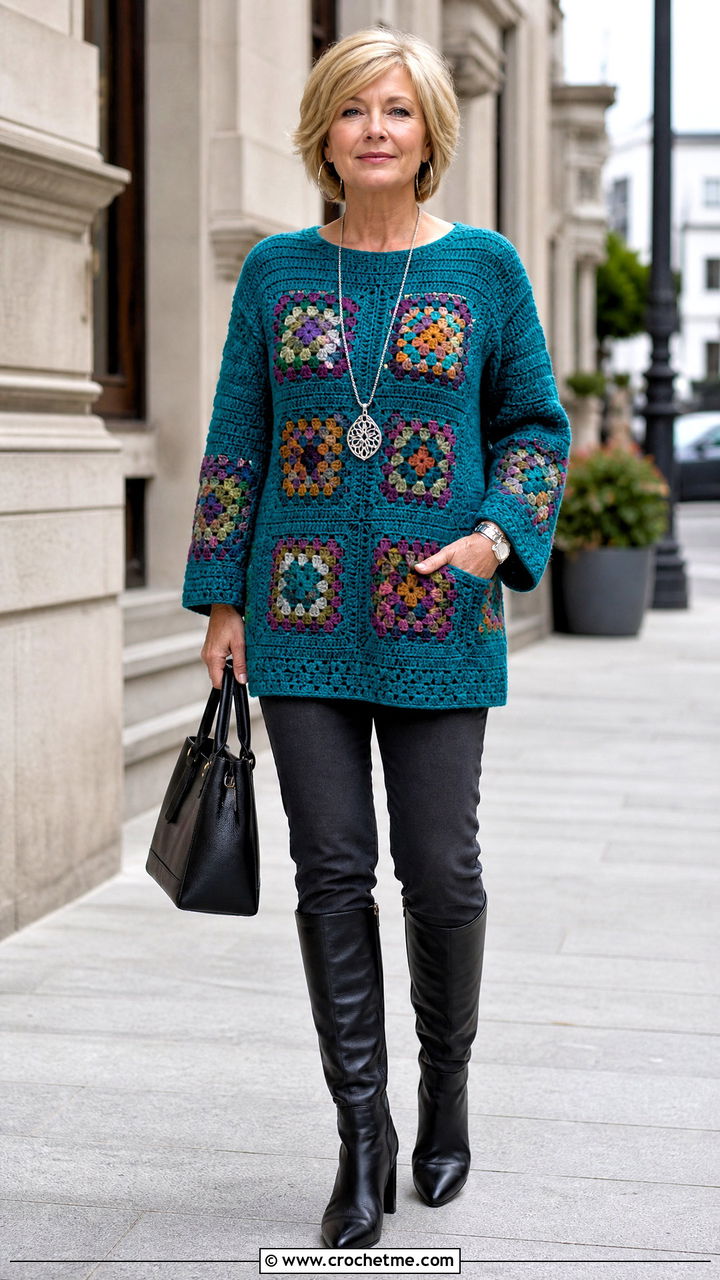 Tunic Granny Square Pullover With Slim Pants - 35 crochet granny square pullover outfit ideas