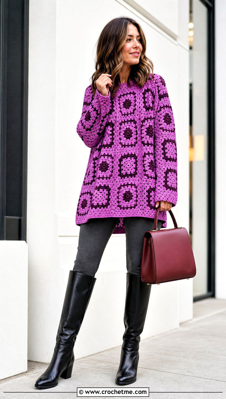 Tunic Granny Square Sweater With Knee High Boots - 25 Fall Granny Square Sweater outfit ideas