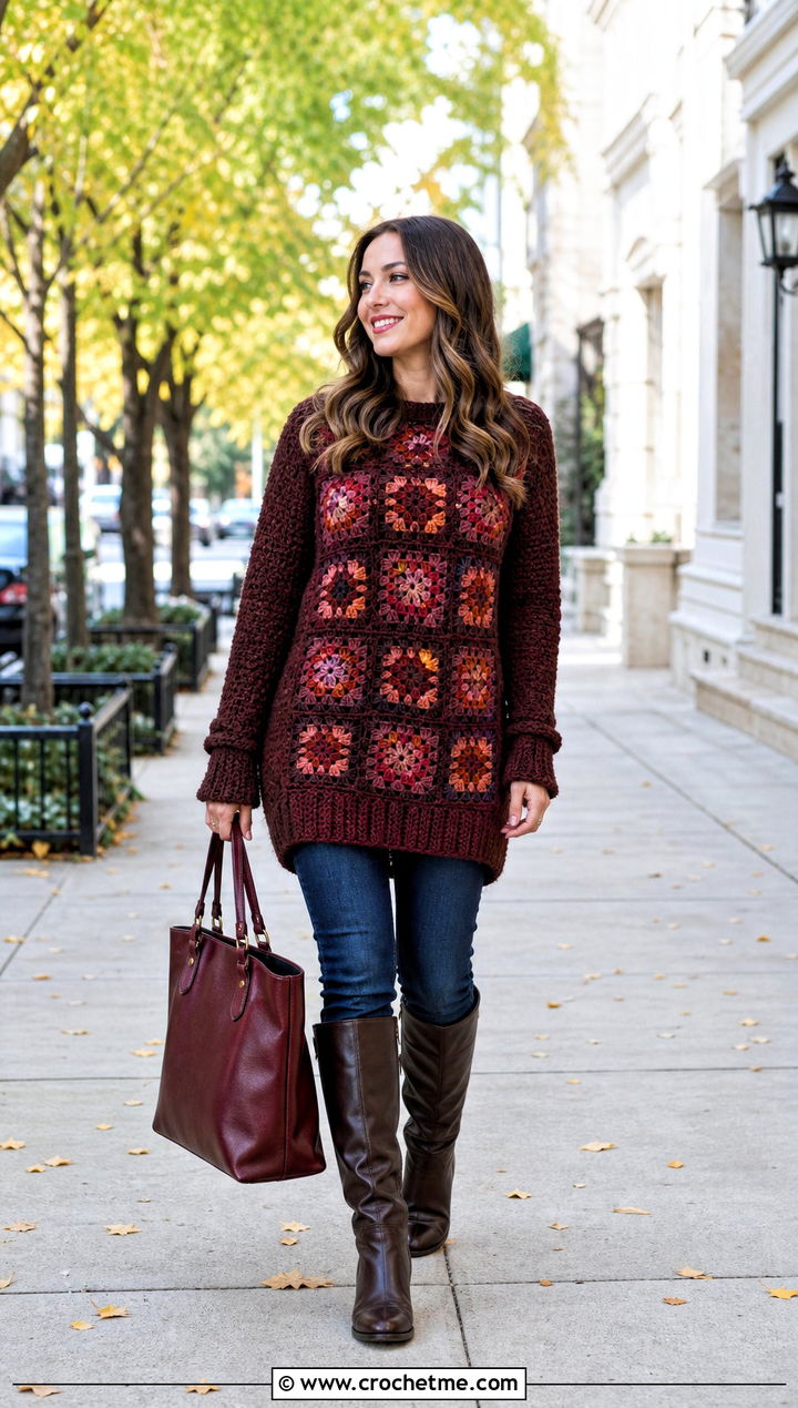Tunic Granny Square Sweater With Slim Jeans - 30 easy granny square sweater outfit ideas