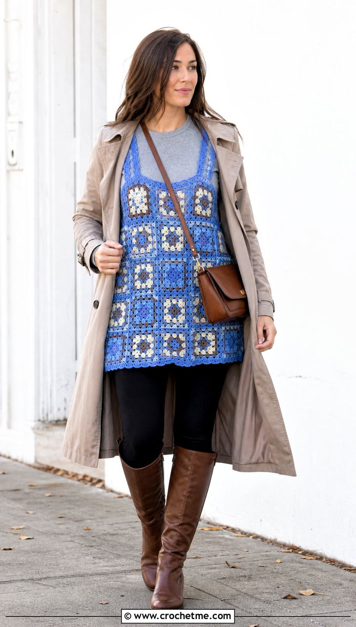 Tunic Granny Square Tank With Leggings And Tall Boots - 35 granny square tank outfit ideas