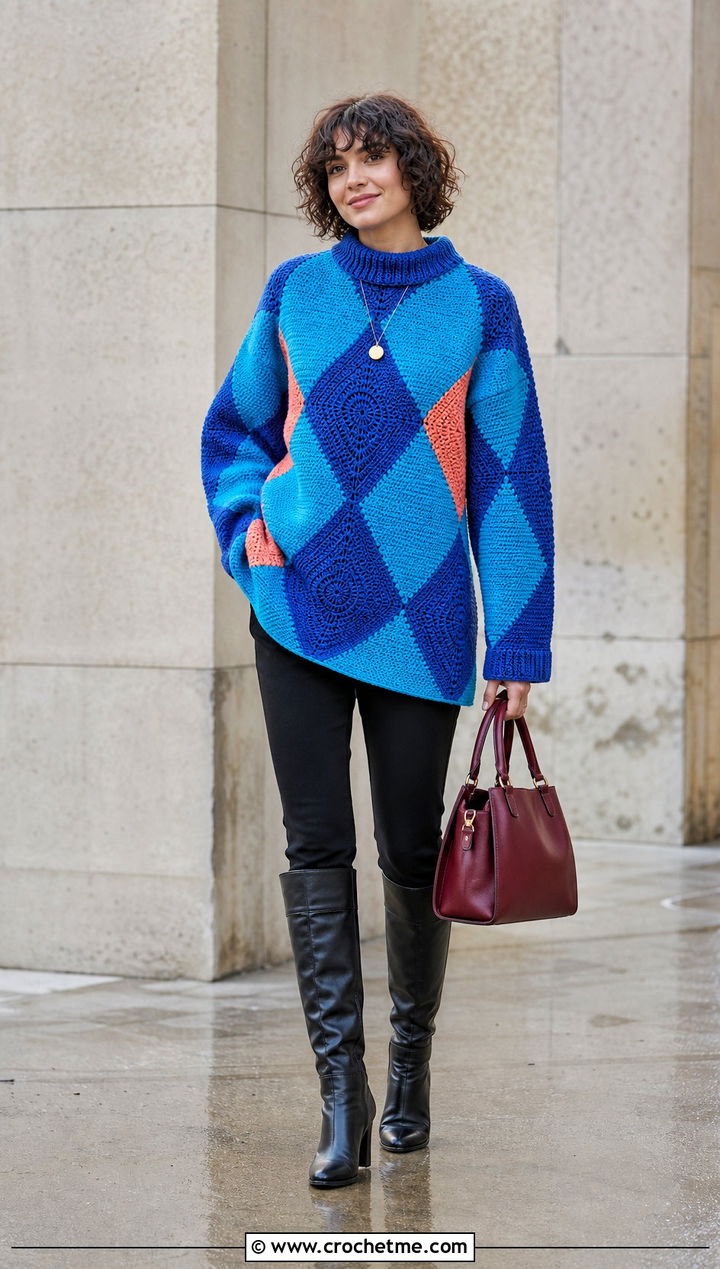 Tunic Howls Crochet Sweater With Slim Pants - 25 Howls Crochet Sweater outfit ideas