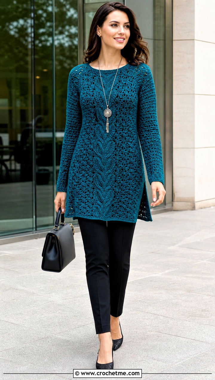 Tunic Irish Crochet Sweater With Slim Trousers - 25 Crochet Irish Sweater outfit ideas