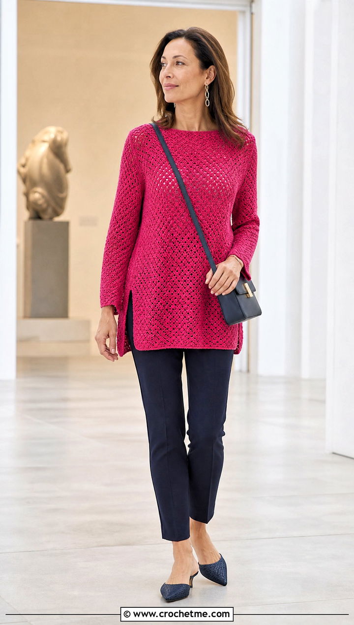 Tunic Lace Weight Crochet Sweater With Slim Trousers - 15 Lace Weight Crochet Sweater outfit ideas