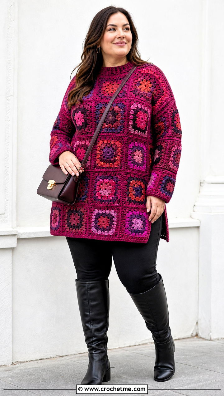 Tunic Large Granny Square Sweater With Slim Pants - 35 large granny square sweater outfit ideas