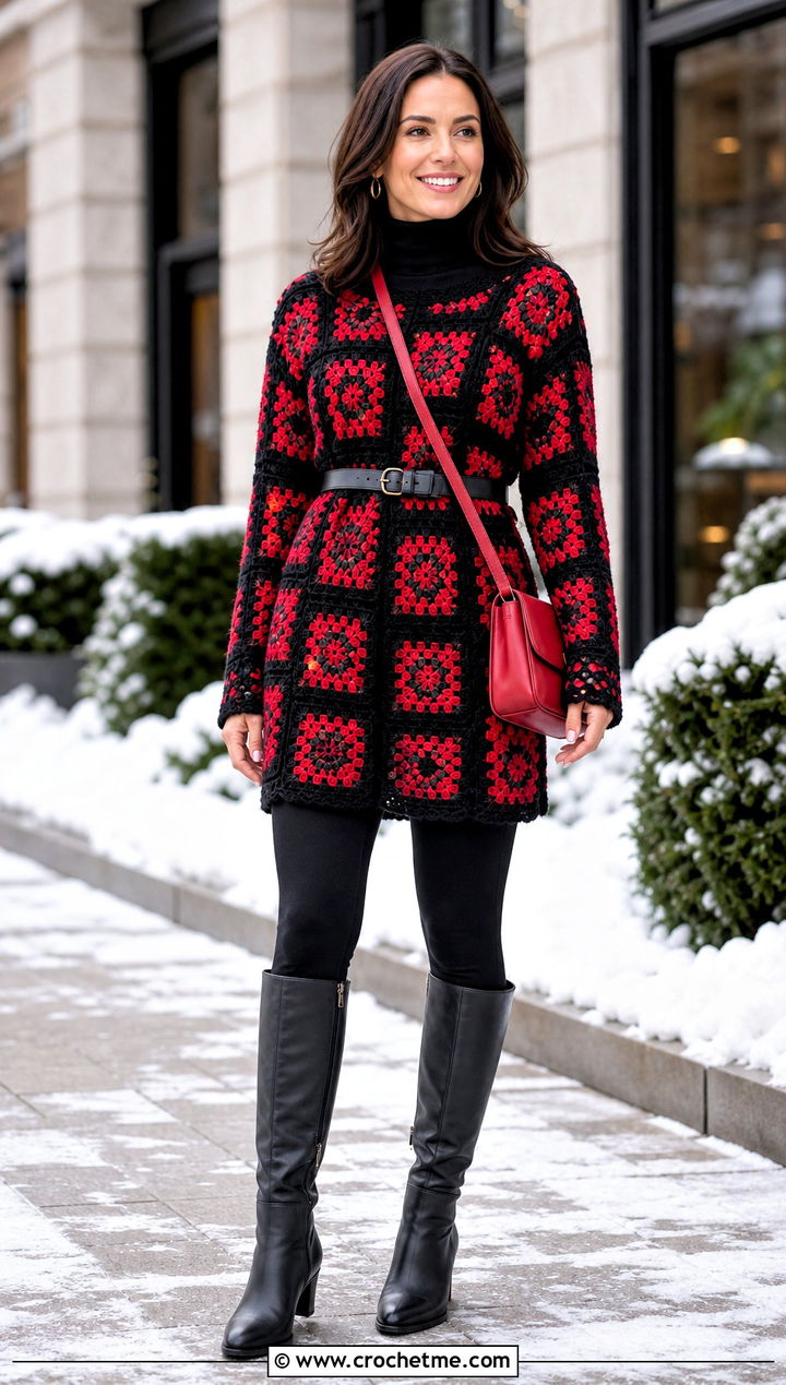 Tunic Length Black Granny Square Sweater With Knee High Boots - 25 black granny square sweater outfit ideas