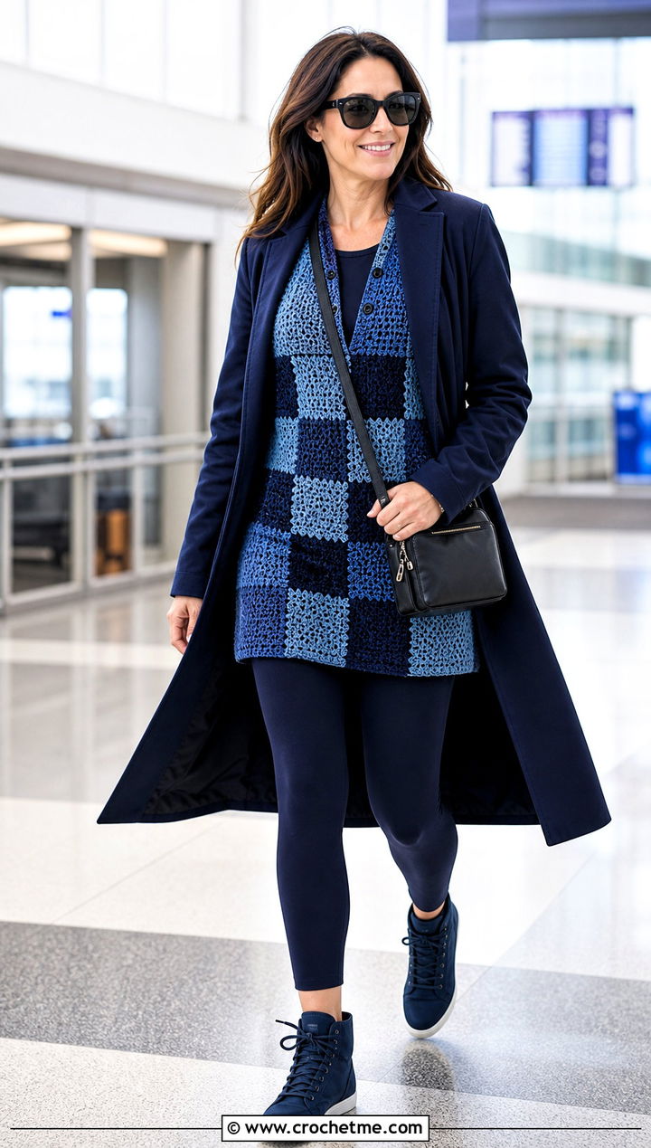 Tunic Length Checkered Crochet Vest With Leggings - 30 checkered crochet vest outfit ideas