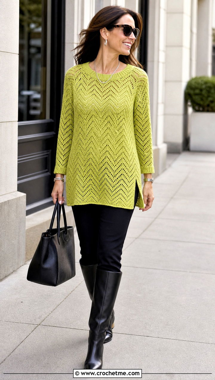 Tunic Length Chevron Crochet Sweater With Slim Pants - 20 Chevron Crochet Sweater outfit ideas