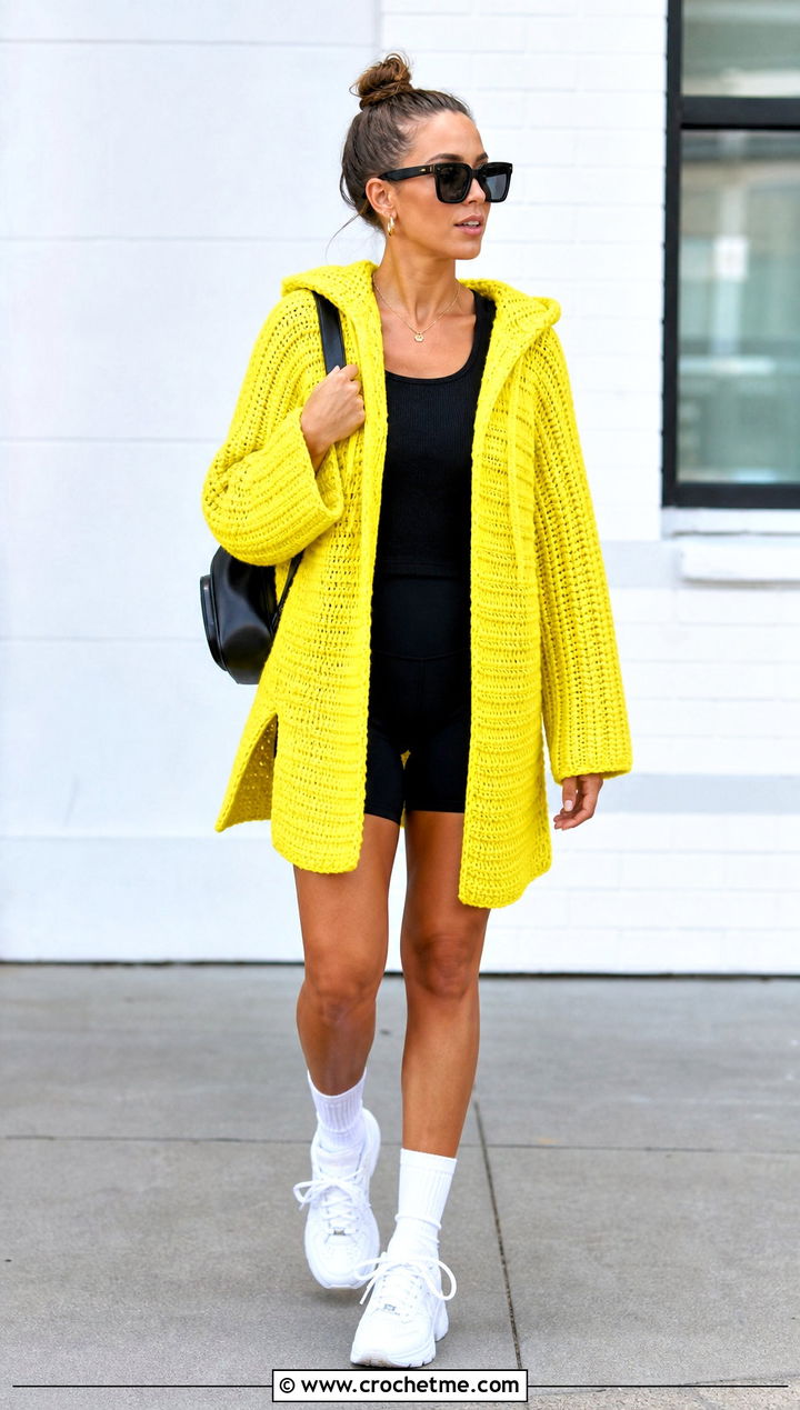 Tunic Length Chunky Crochet Hoodie With Biker Shorts - 25 crochet chunky hoodie outfit ideas