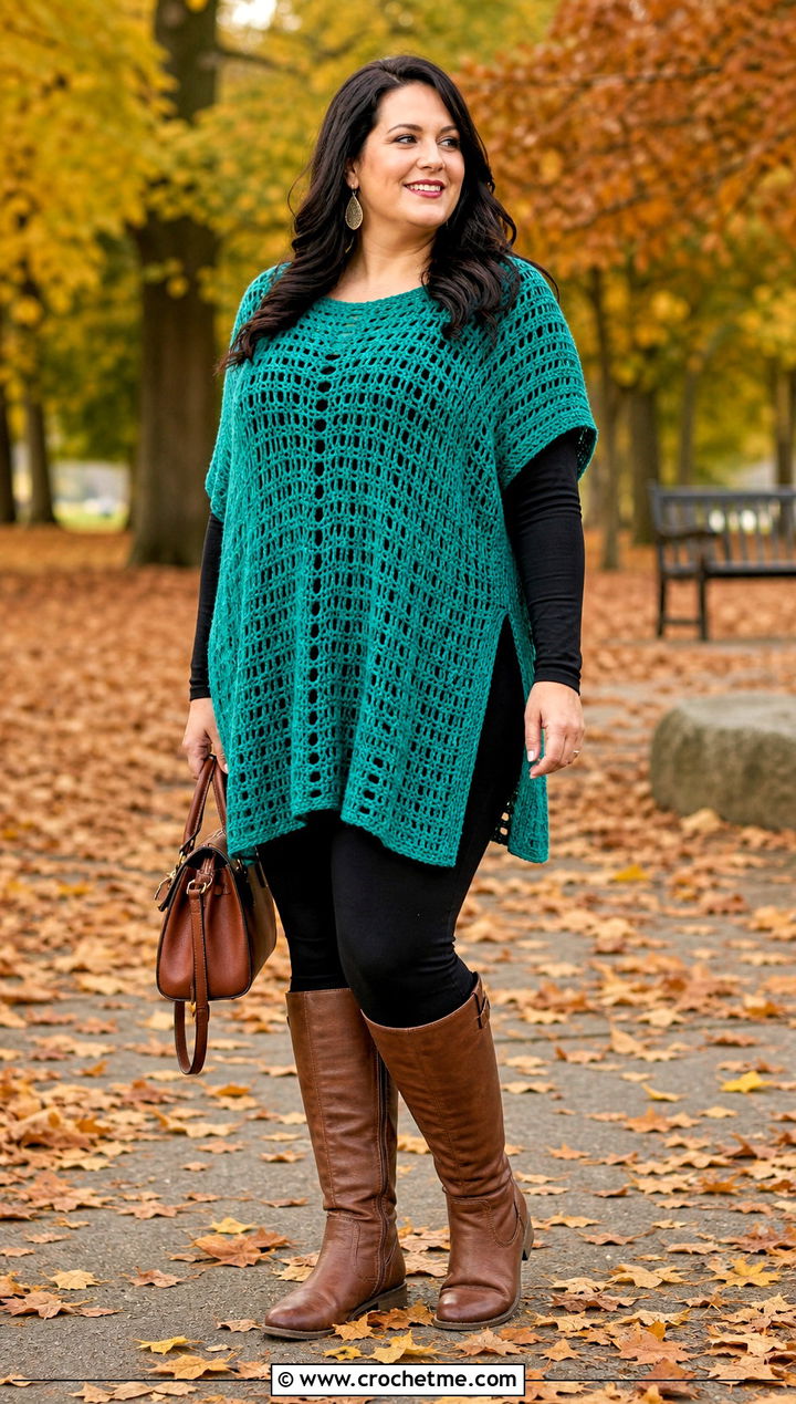 Tunic Length Crochet Boho Poncho With Leggings - 30 crochet boho poncho outfit ideas