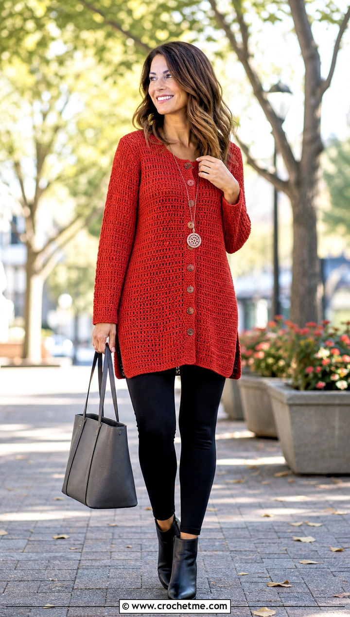 Tunic Length Crochet Button Top With Leggings - 35 Crochet Top With Buttons outfit ideas