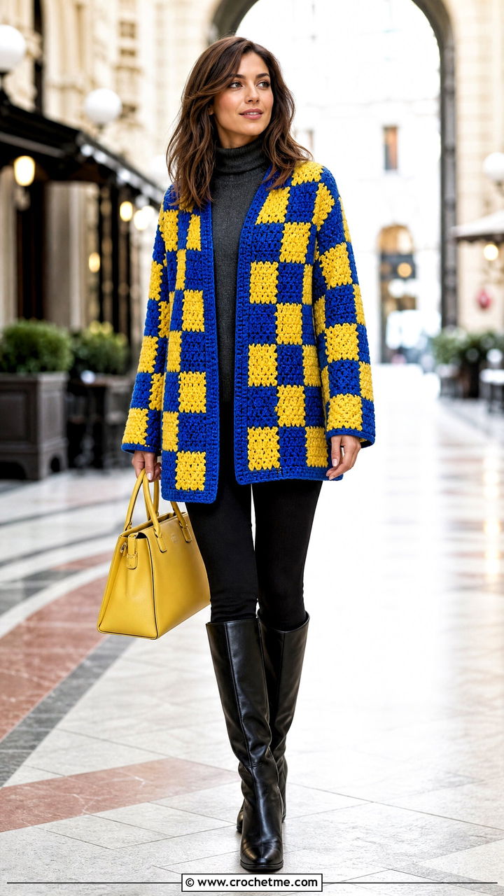 Tunic Length Crochet Checkered Cardigan With Tall Boots - 35 crochet checkered cardigan outfit ideas