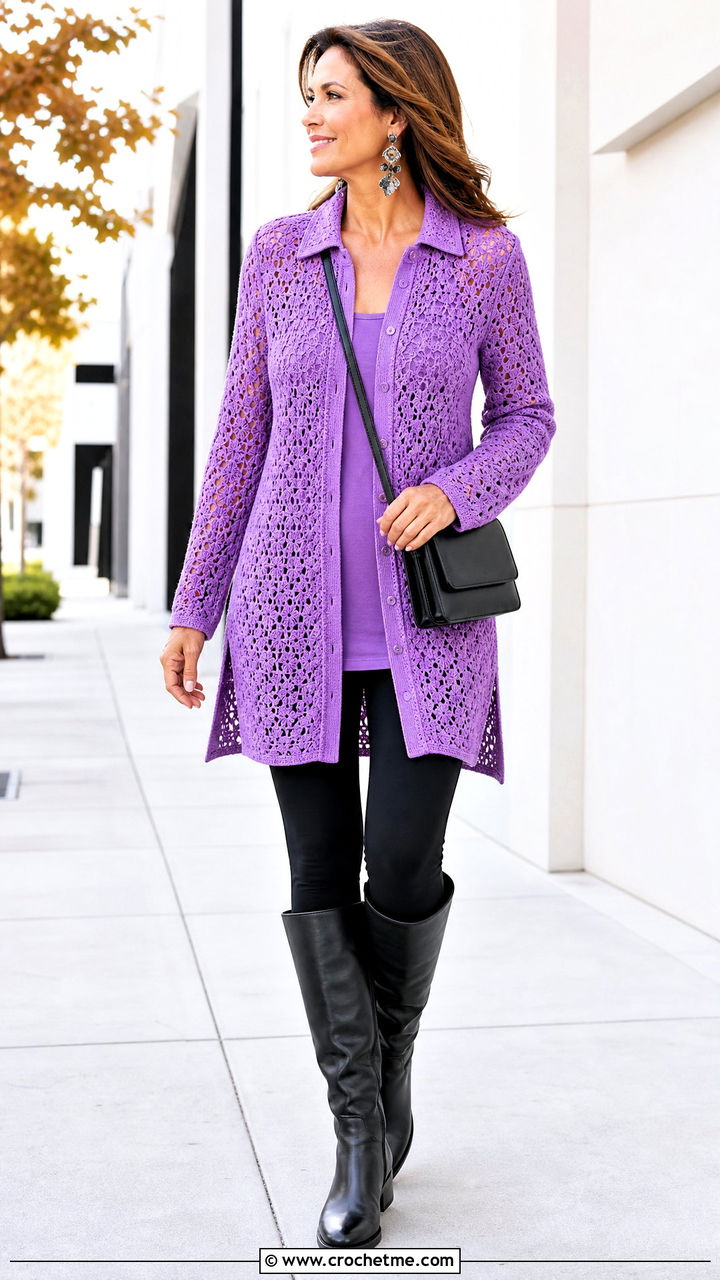 Tunic Length Crochet Collared Shirt With Leggings - 35 crochet collared shirt outfit ideas