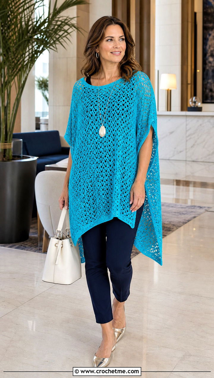 Tunic Length Crochet Poncho Top With Slim Pants - 25 Crochet Poncho Top outfit ideas
