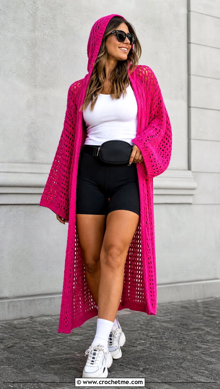Tunic Length Crochet Poncho With Hood And Biker Shorts - 35 crochet poncho with hood outfit ideas