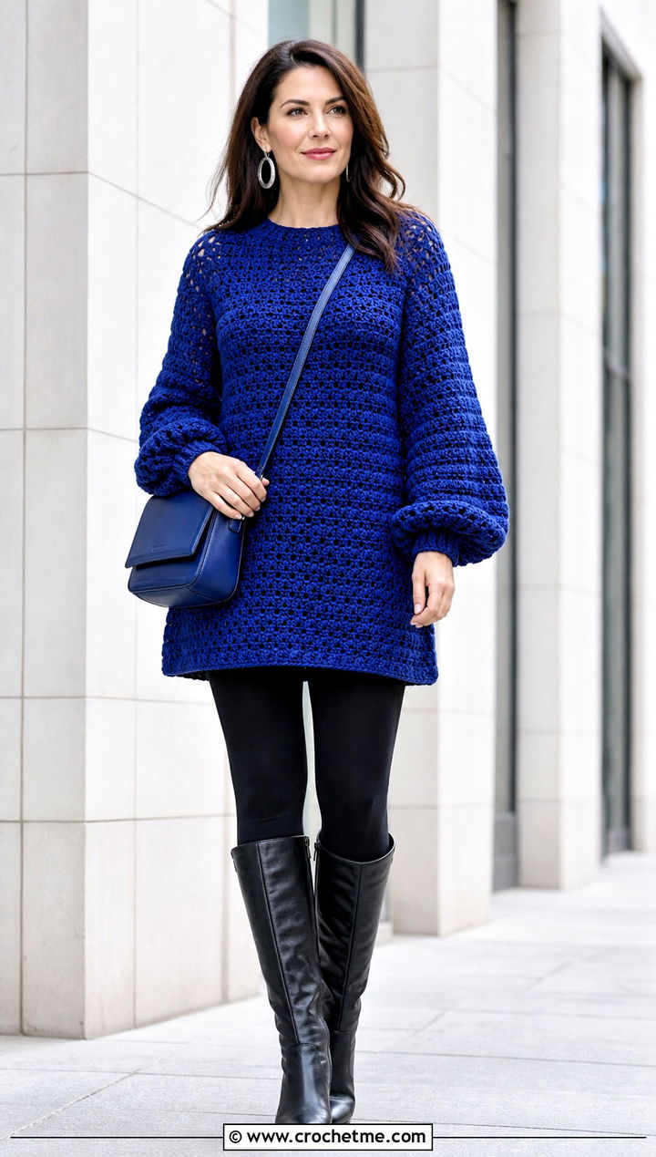 Tunic Length Crochet Puff Sleeve Top With Leggings And Tall Boots - 35 crochet puff sleeve top outfit ideas