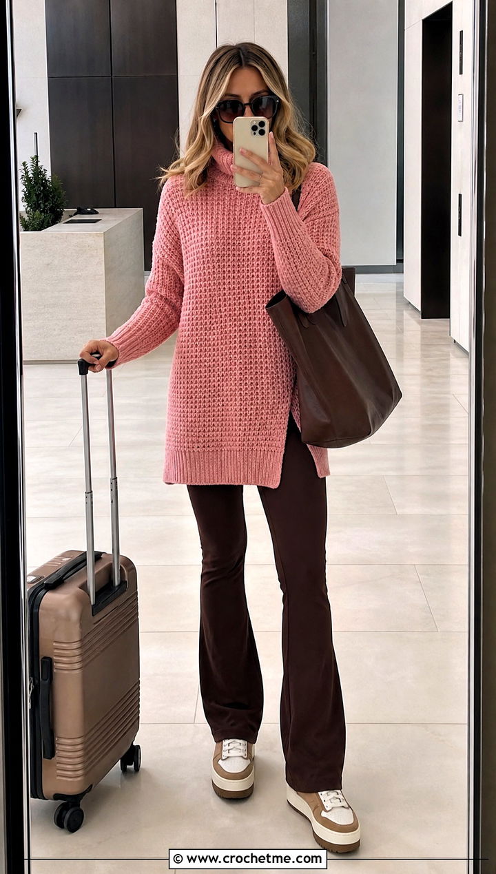 Tunic Length Crochet Roll Neck Sweater With Flared Leggings - 20 Crochet Roll Neck Sweater outfit ideas