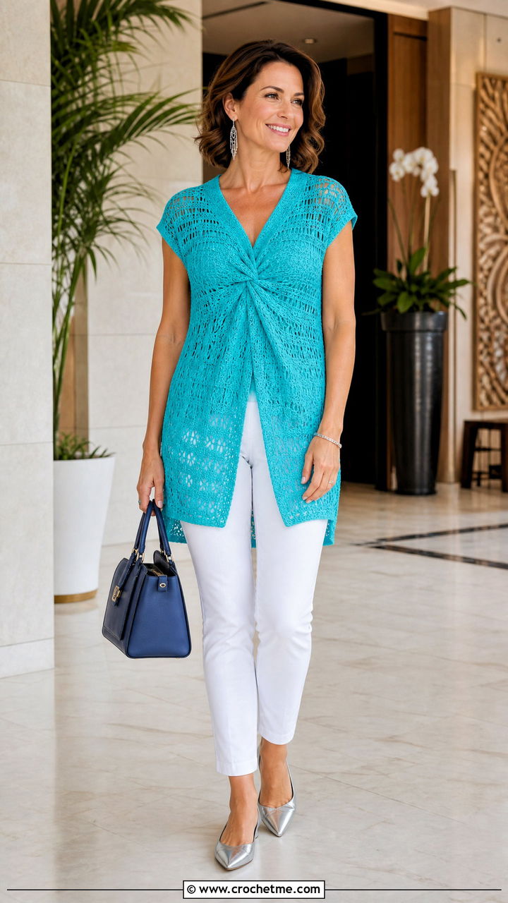 Tunic Length Crochet Twist Top With Slim Pants - 35 crochet twist top outfit ideas
