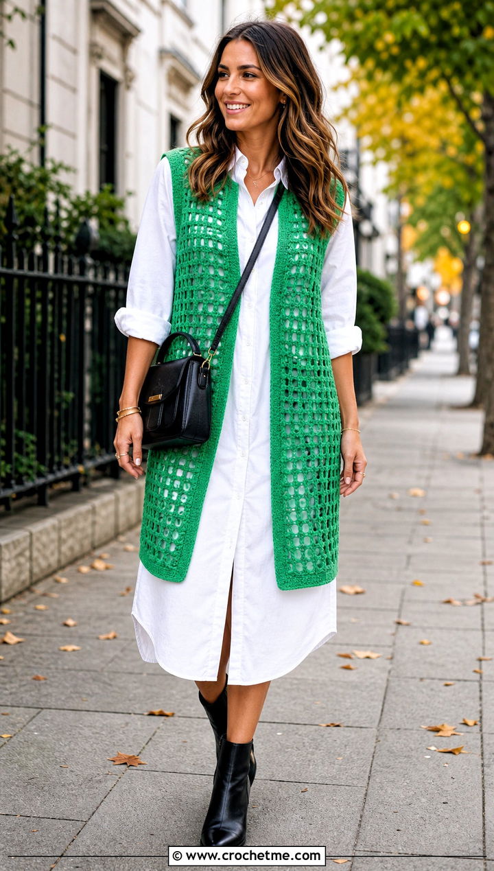 Tunic Length Crochet Vest With A Shirt Dress - 25 Easy Crochet Long Vest outfit ideas