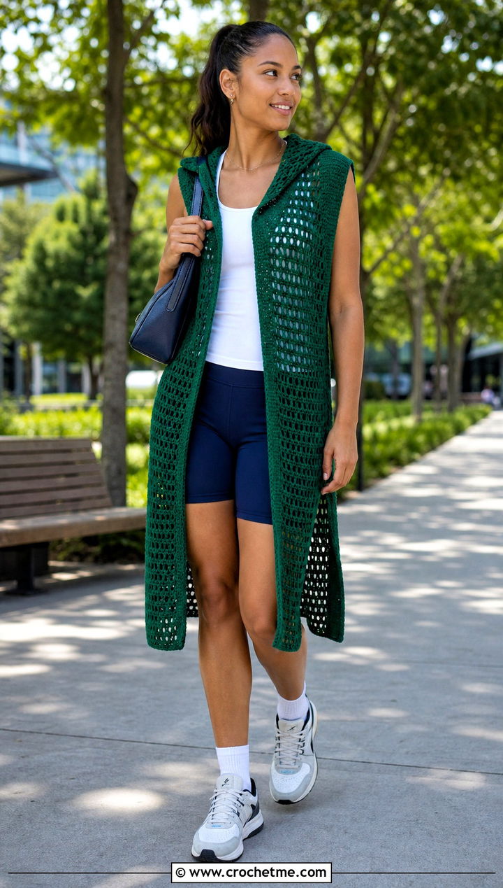 Tunic Length Crochet Vest With Hood And Bike Shorts - 30 crochet vest with hood outfit ideas