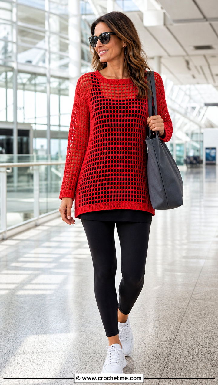 Tunic Length Filet Crochet Mesh Sweater With Leggings - 35 oversized crochet mesh sweater outfit ideas