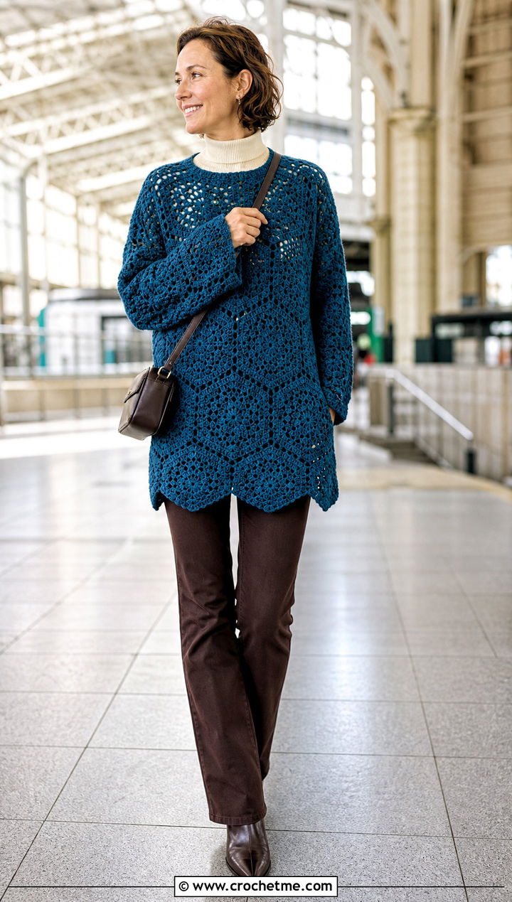 Tunic Length Hexagon Granny Square Pullover With Slim Pants - 25 Hexagon Granny Square Pullover outfit ideas