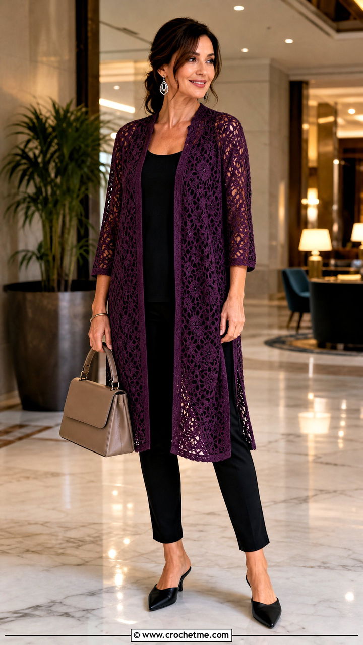 Tunic Length Lace Cardigan With Slim Pants - 35 crochet lace cardigan outfit ideas