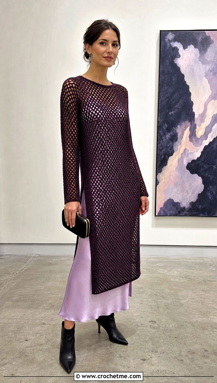 Tunic Length Mesh Crochet Sweater Over A Slip Dress - 30 mesh crochet sweater outfit ideas