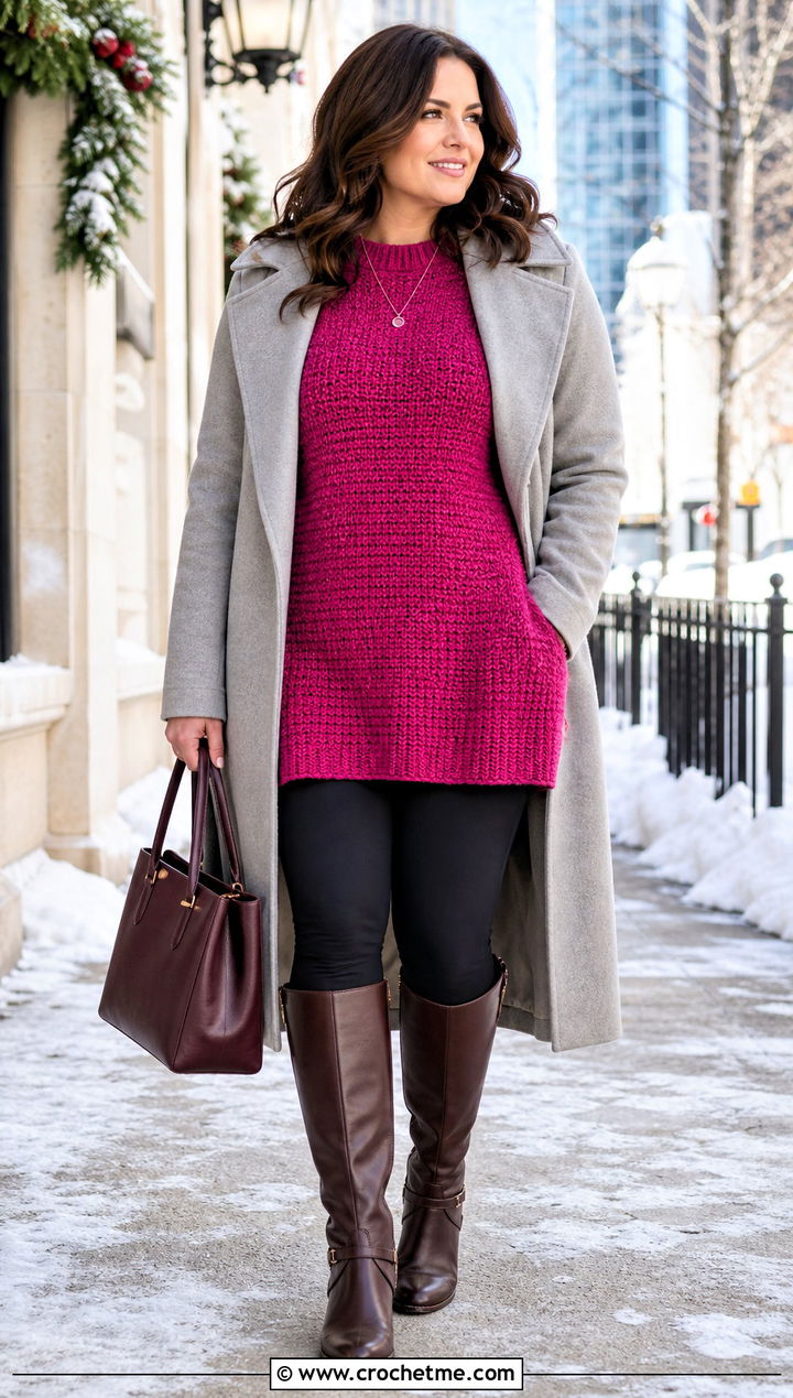 Tunic Length Mock Knit Crochet Sweater With Stirrup Leggings - 15 Mock Knit Crochet Sweater outfit ideas