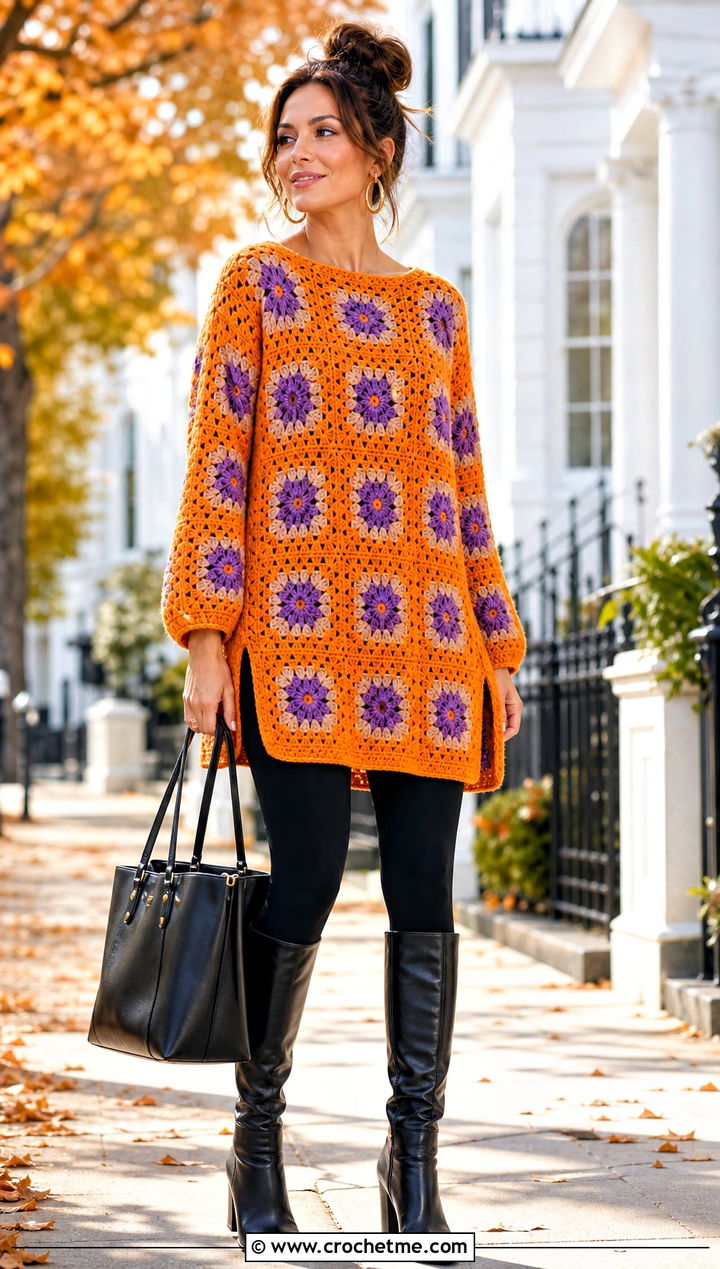 Tunic Length Oversized Granny Square Sweater With Leggings - 30 oversized granny square sweater outfit ideas