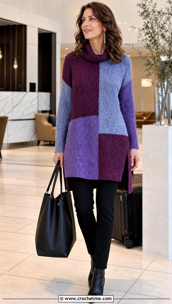 Tunic Length Patchwork Sweater With Slim Pants - 30 crochet patchwork sweater outfit ideas