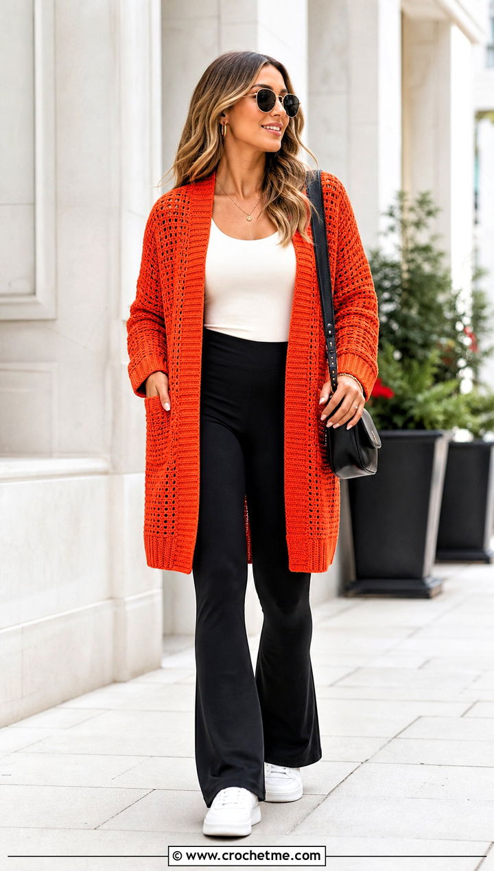 Tunic Length Tunisian Cardigan With Flared Leggings - 35 tunisian crochet cardigan outfit ideas