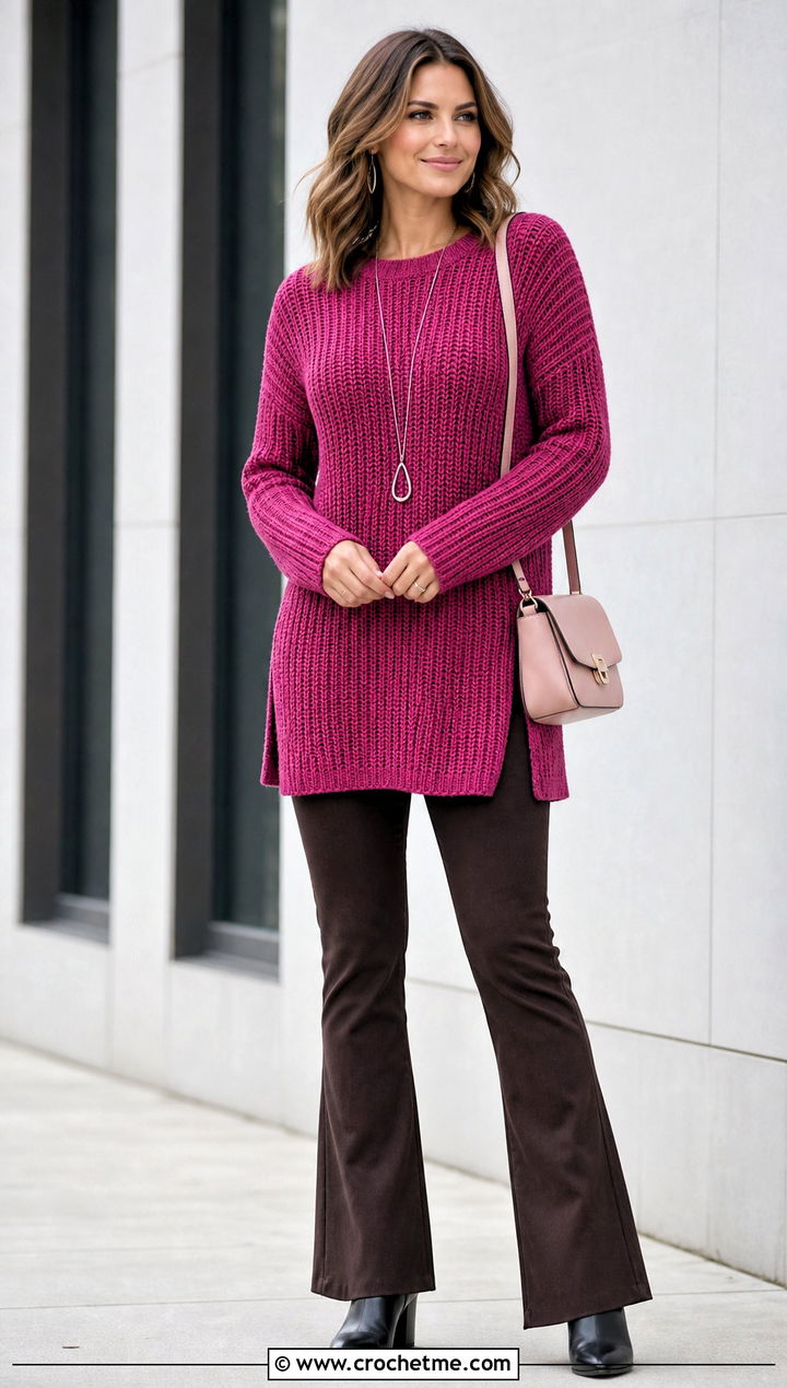 Tunic Length Tunisian Simple Stitch Jumper With Flared Pants - 30 tunisian crochet jumper outfit ideas
