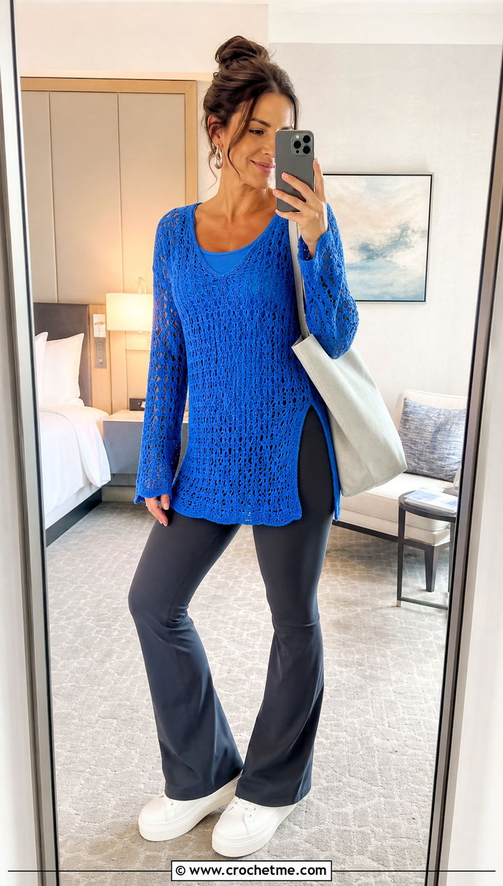 Tunic Long Sleeve Crochet Top With Flared Leggings - 25 aesthetic long sleeve crochet tops outfit ideas