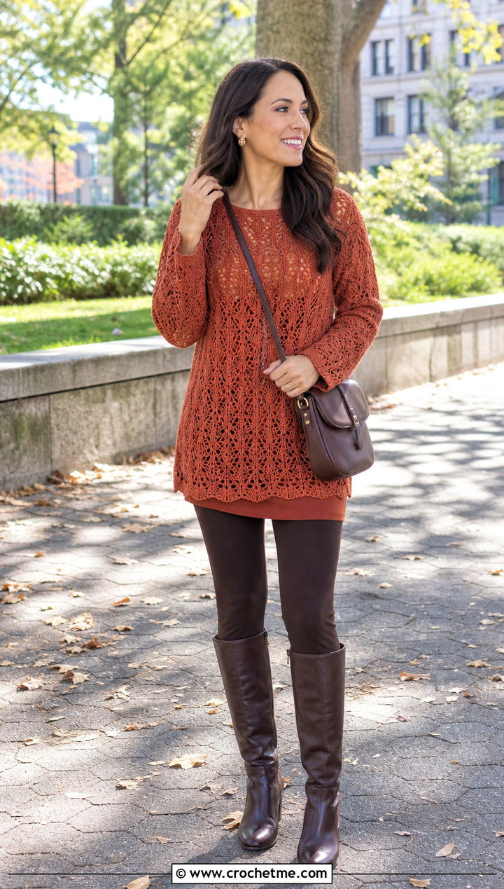 Tunic Long Sleeve Crochet Top With Leggings - 25 long sleeve crochet top outfit ideas