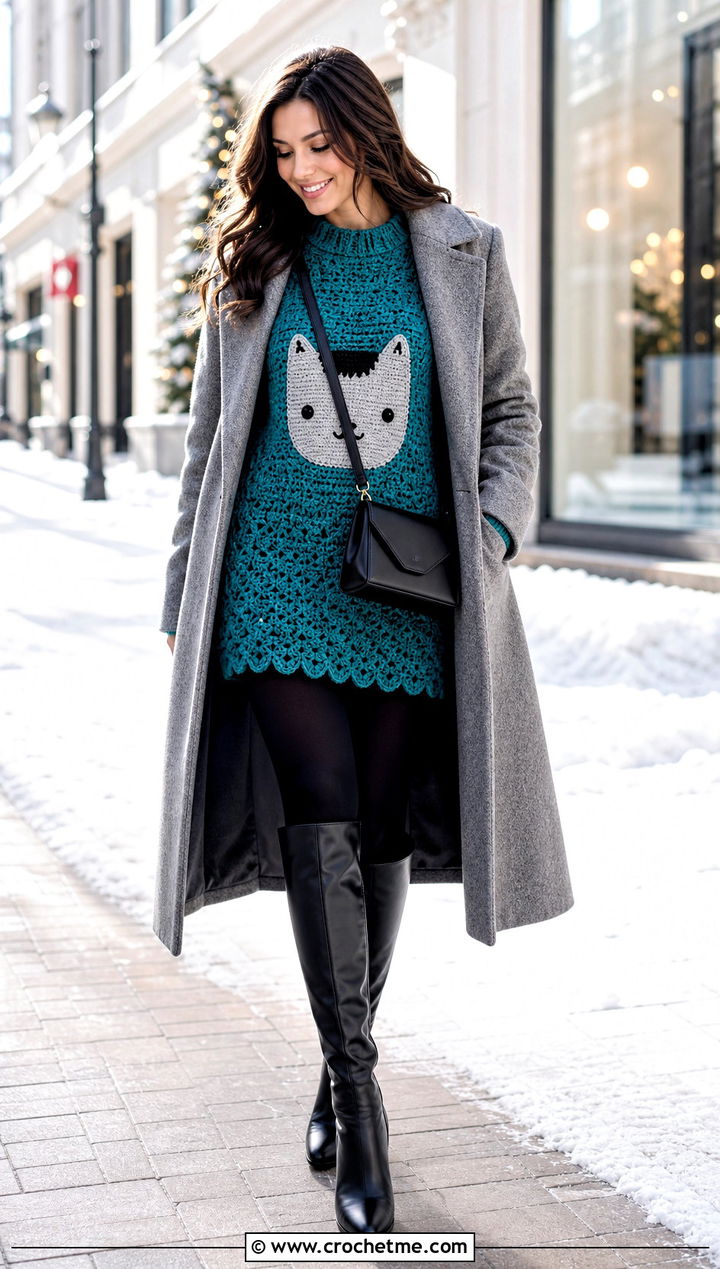 Tunic Marceline Cat Sweater With Knee High Boots - 30 crochet marceline sweater outfit ideas