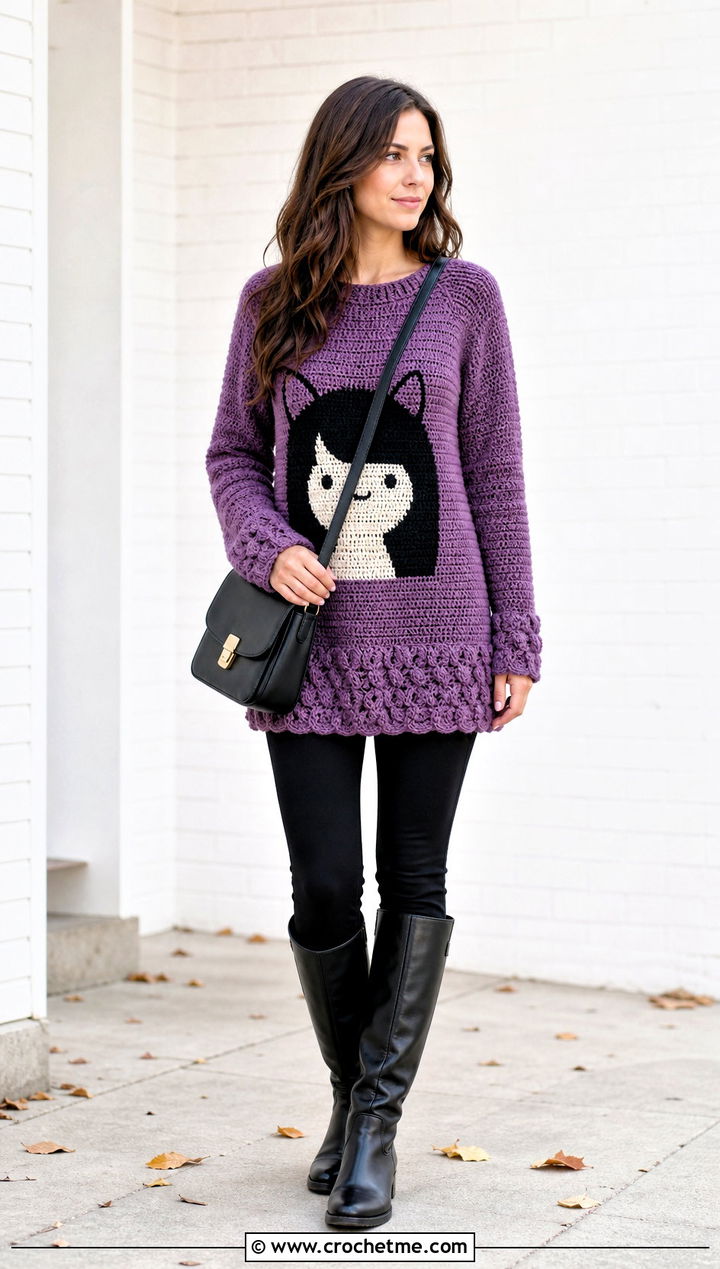 Tunic Marceline Cat Sweater With Leggings - 30 crochet marceline sweater outfit ideas