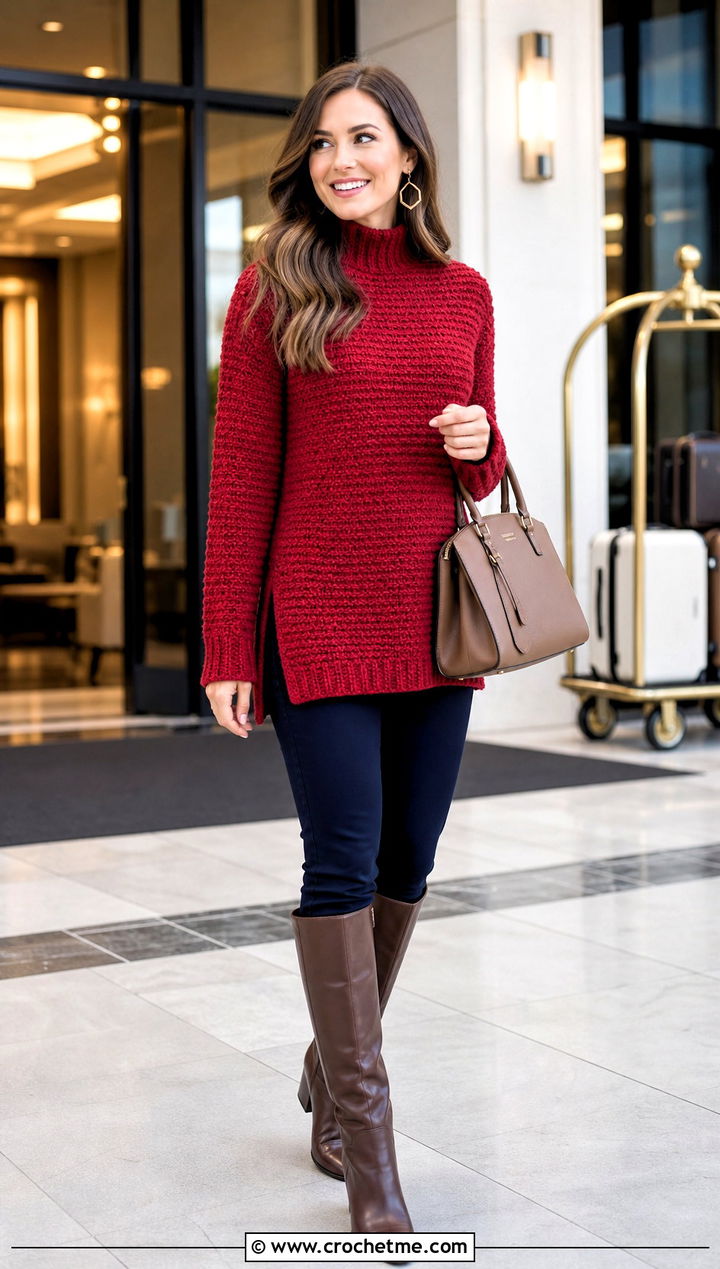 Tunic Mock Neck Crochet Sweater With Slim Pants - 30 crochet high neck sweater outfit ideas