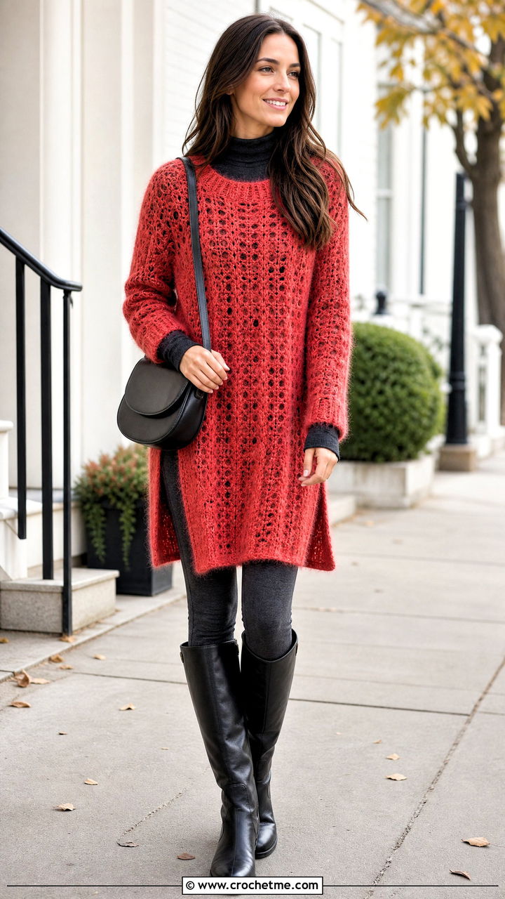 Tunic Mohair Crochet Sweater With Leggings And Riding Boots - 35 mohair crochet sweater outfit ideas