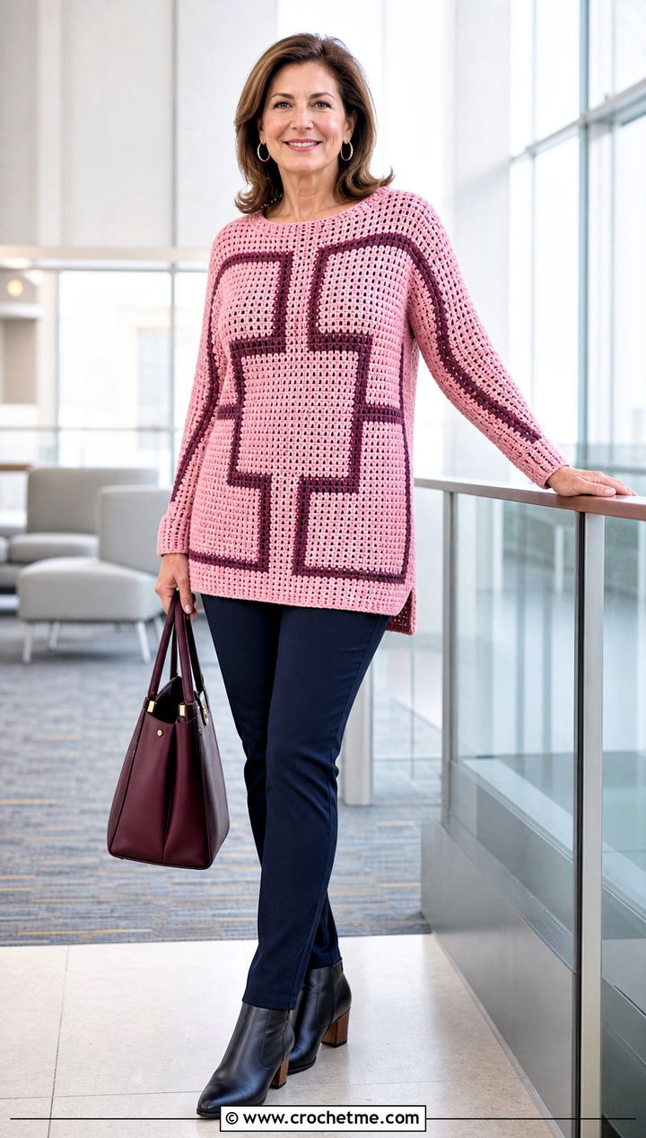 Tunic Mosaic Crochet Sweater With Slim Pants - 25 Mosaic Crochet Sweater outfit ideas