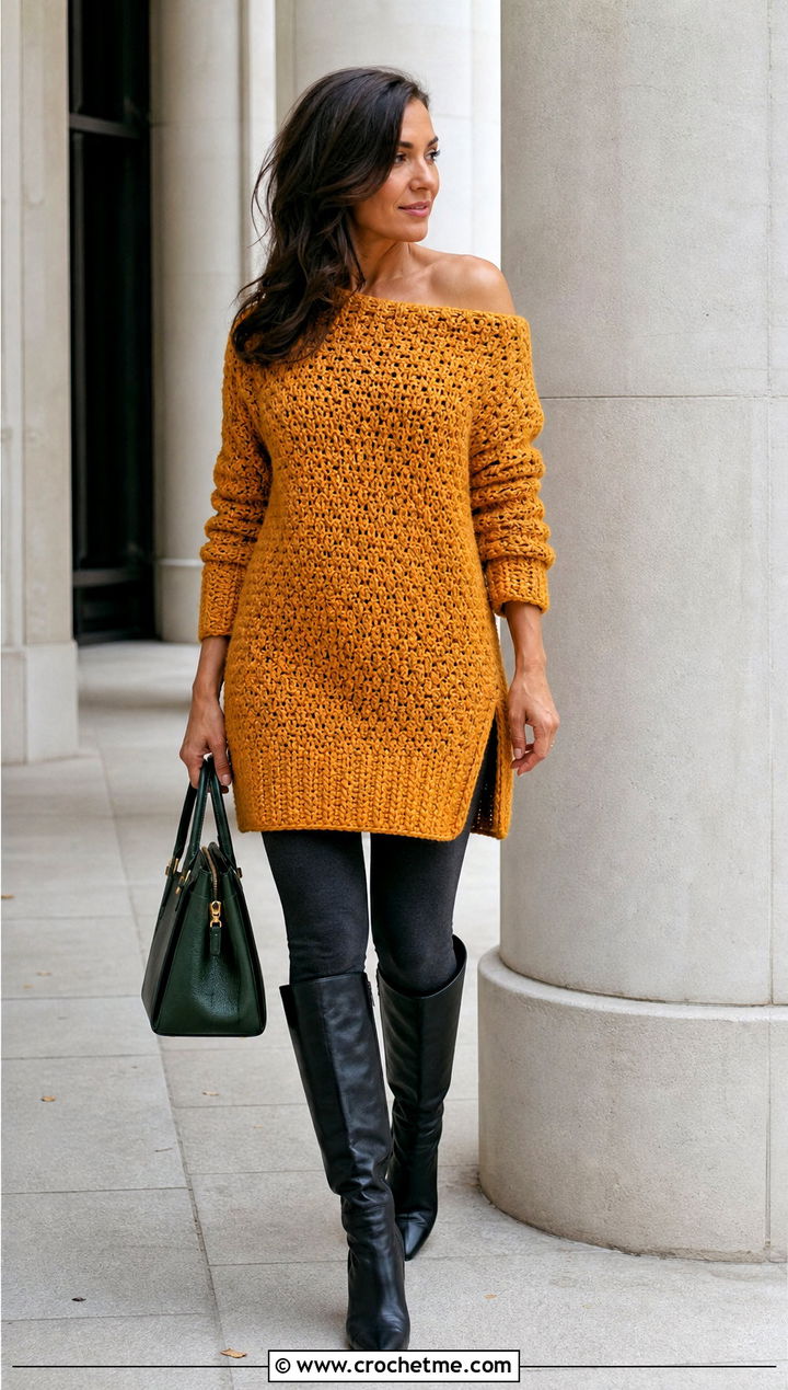 Tunic Off Shoulder Crochet Sweater With Leggings And Knee High Boots - 35 off shoulder crochet sweater outfit ideas