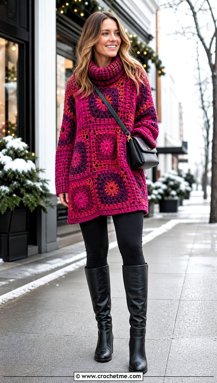 Tunic Oversized Granny Square Sweater With Tall Boots - 15 Crochet Oversized Granny Square Sweater outfit ideas