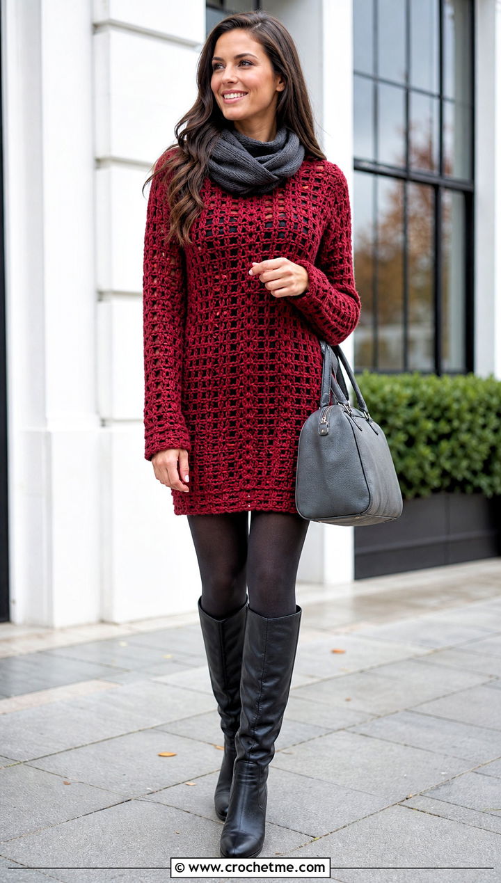 Tunic Pullover Crochet Sweater With Knee High Boots - 30 Pullover Crochet Sweater outfit ideas
